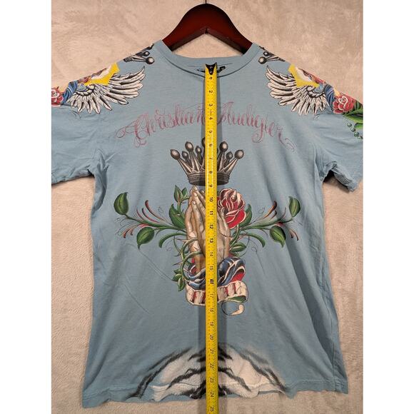 Christian Audigier Y2K All Over Print Blue Shirt SMALL Faith Graphic Made in USA - Picture 5 of 6
